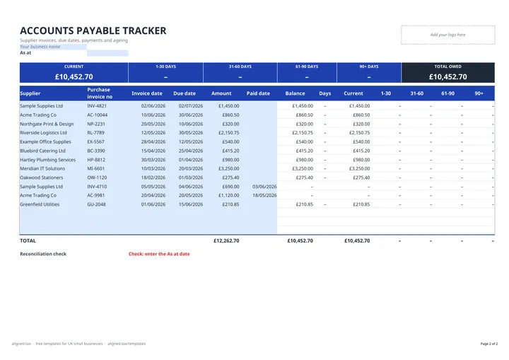 Preview of the Accounts Payable Template with Aged Creditors (UK) spreadsheet