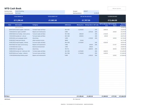 Preview of the Cash Book Template UK for Sole Traders and Landlords
