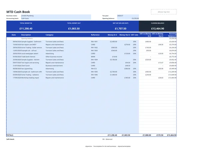 Preview of the Cash Book Template UK for Sole Traders and Landlords spreadsheet
