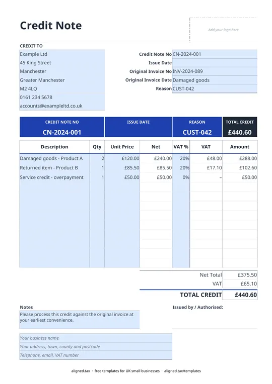 Preview of the Credit note template UK with VAT