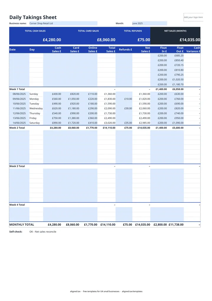 Preview of the Daily Takings Sheet for UK Shops and Cafés spreadsheet