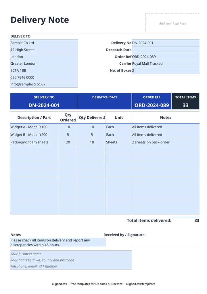 Preview of the Delivery note template for UK businesses spreadsheet