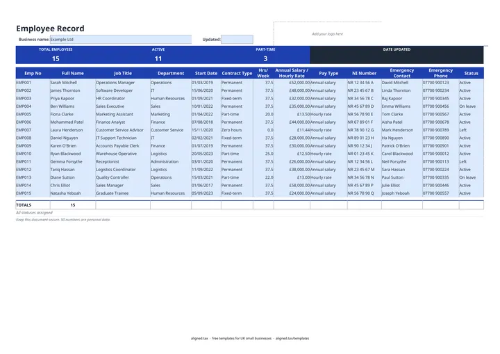Preview of the Employee records template for UK small businesses spreadsheet