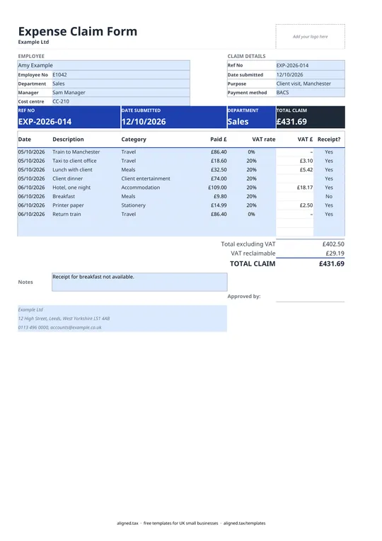 Preview of the Expense claim form template UK with VAT