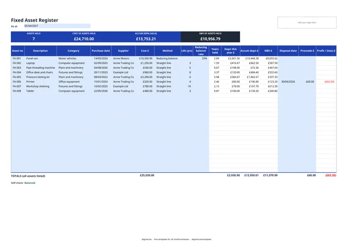 Preview of the Fixed Asset Register Template UK spreadsheet