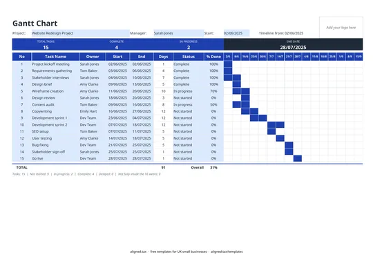 Preview of the Gantt chart template with a 16-week timeline