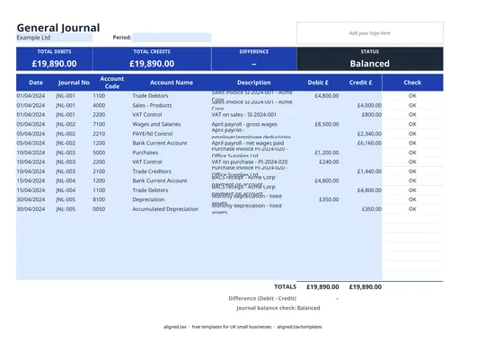 Preview of the General Journal Template for Journal Entries (UK)