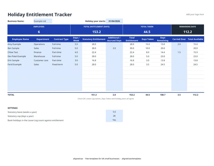 Preview of the Holiday entitlement calculator and leave tracker spreadsheet
