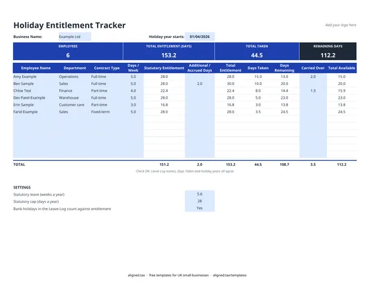 Preview of the Holiday entitlement calculator and leave tracker