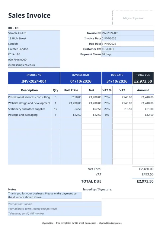Preview of the Free invoice template UK with VAT