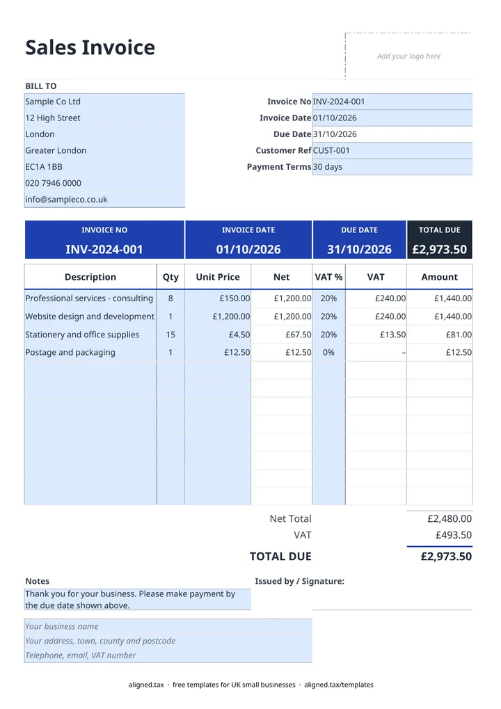 Preview of the Free invoice template UK with VAT spreadsheet