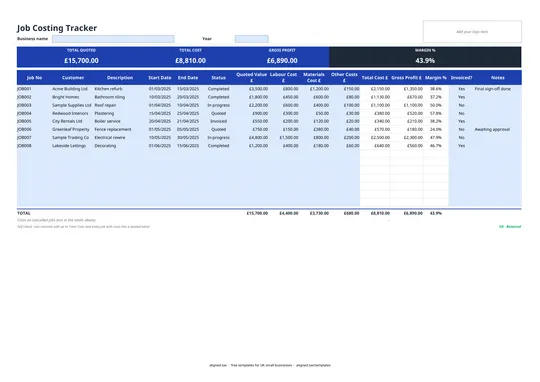 Preview of the Job costing template for trades and projects