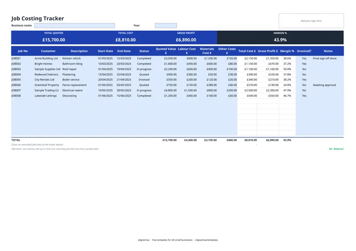 Preview of the Job costing template for trades and projects spreadsheet