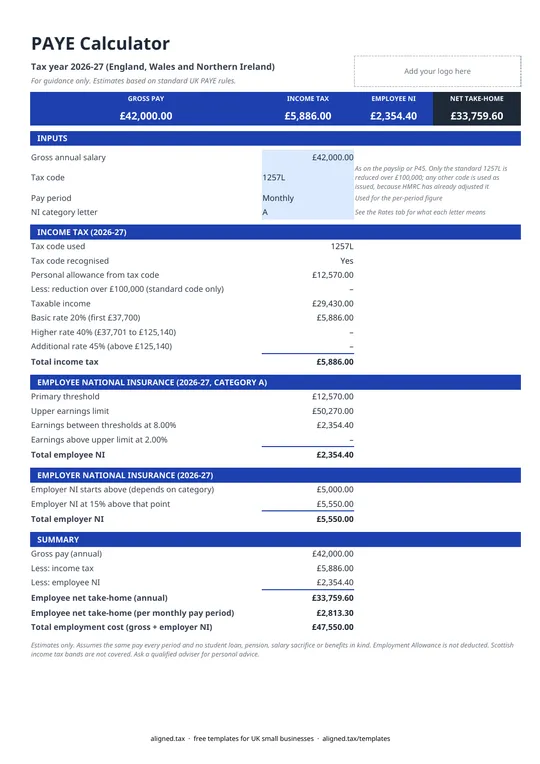 Preview of the Take-home pay calculator for Excel (PAYE 2026-27)
