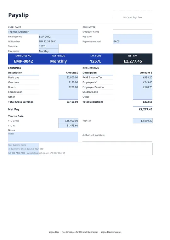 Preview of the Free UK payslip template for small employers
