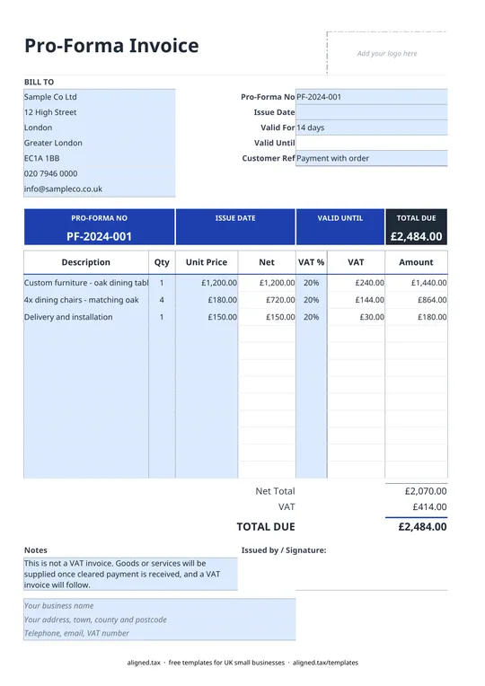 Preview of the Pro forma invoice template UK