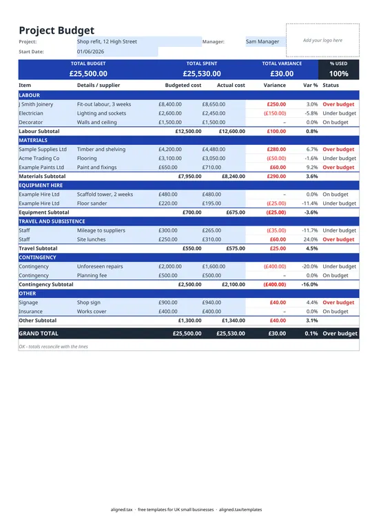 Preview of the Project budget template with variance tracking