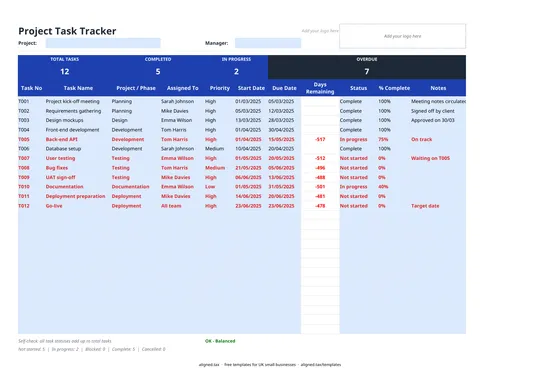 Preview of the Project task tracker template