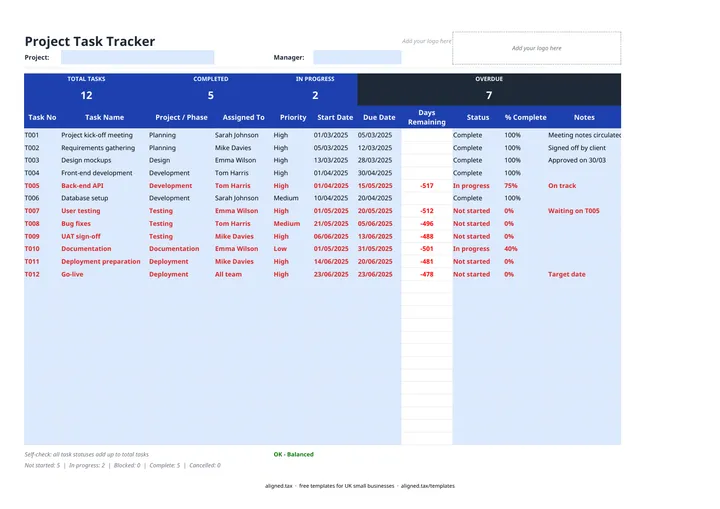 Preview of the Project task tracker template spreadsheet