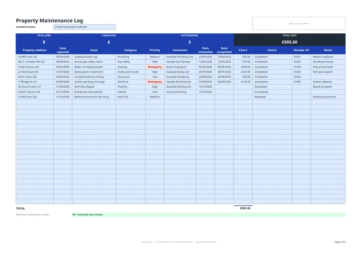 Preview of the Property maintenance log template for landlords spreadsheet
