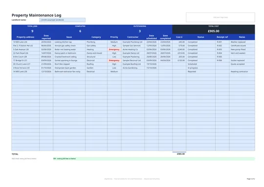 Preview of the Property maintenance log template for landlords
