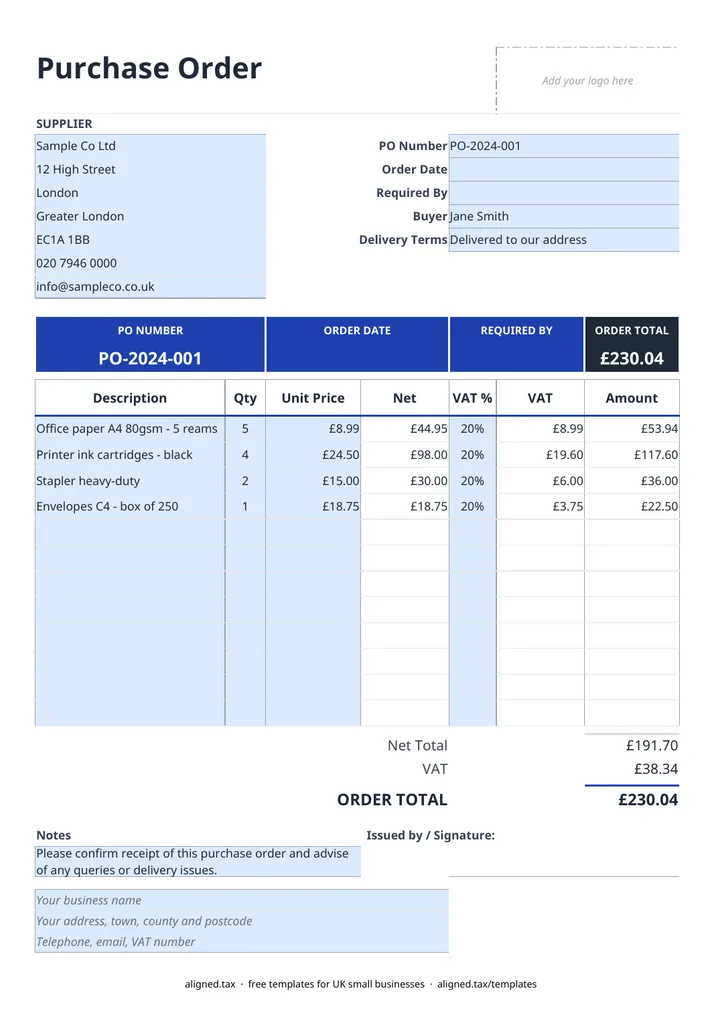 Preview of the Free purchase order template UK spreadsheet