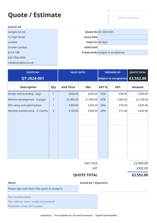 Preview of the Quote template UK for builders and trades