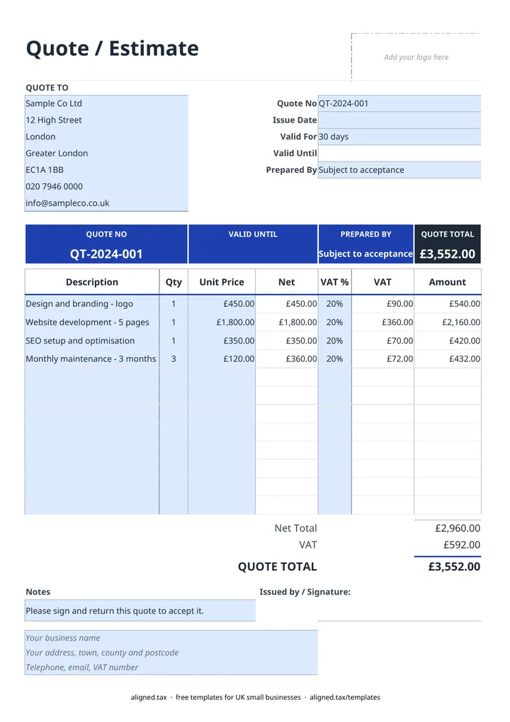 Preview of the Quote template UK for builders and trades spreadsheet