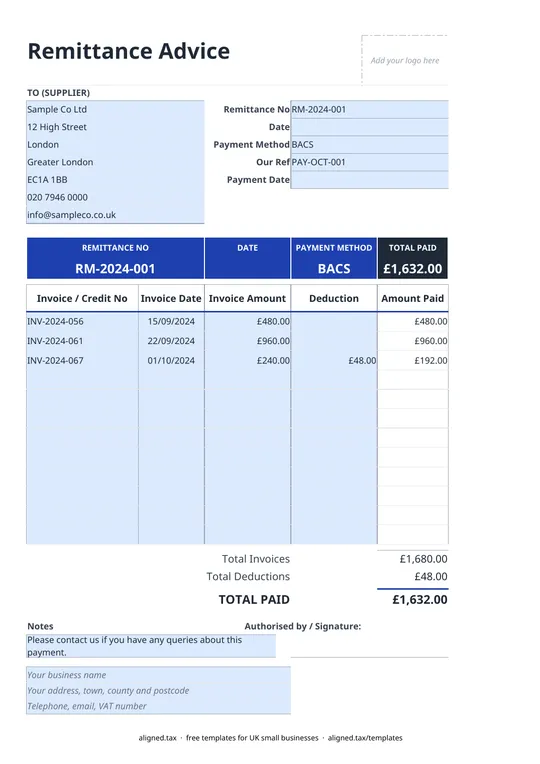 Preview of the Remittance advice template for supplier payments