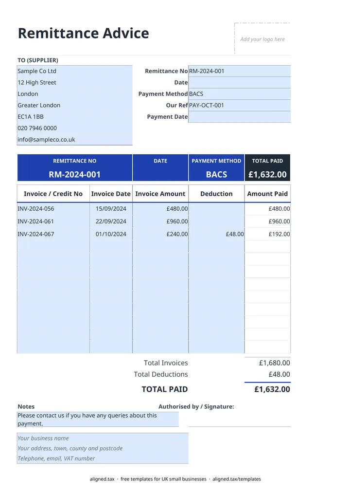 Preview of the Remittance advice template for supplier payments spreadsheet