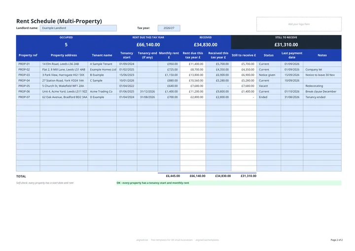 Preview of the Rent schedule template for UK landlords spreadsheet