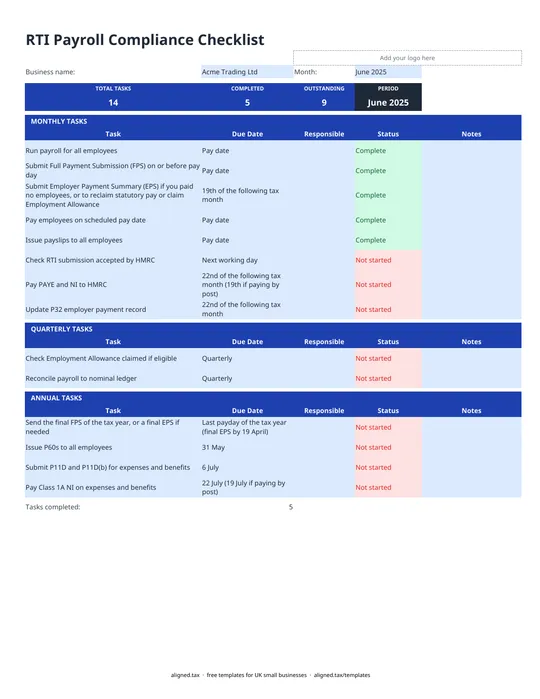 Preview of the RTI payroll checklist with HMRC deadlines