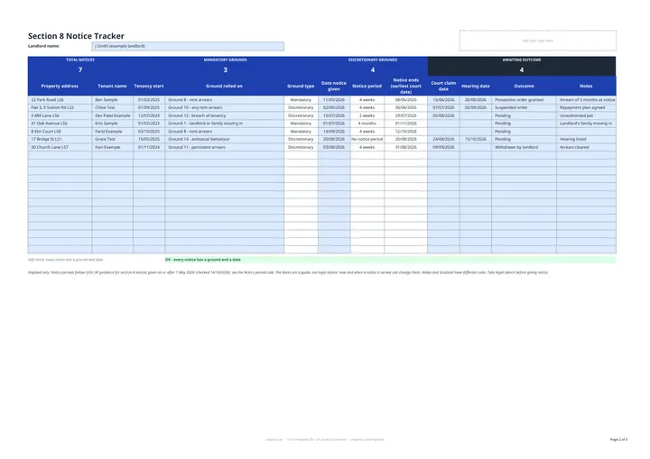 Preview of the Section 8 notice tracker and notice periods (England) spreadsheet