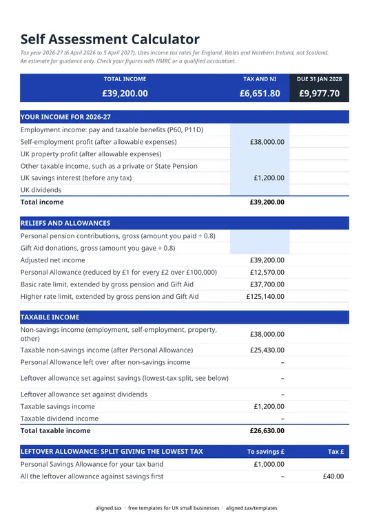 Preview of the Self Assessment Tax Calculator 2026-27