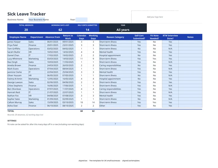 Preview of the Sickness absence tracker for Excel (UK) spreadsheet