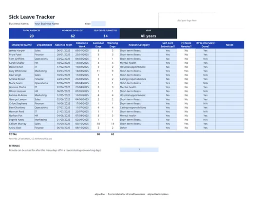 Preview of the Sickness absence tracker for Excel (UK)