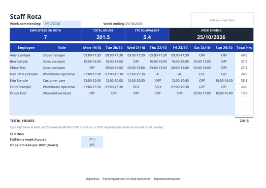 Preview of the Staff rota template: weekly shift planner