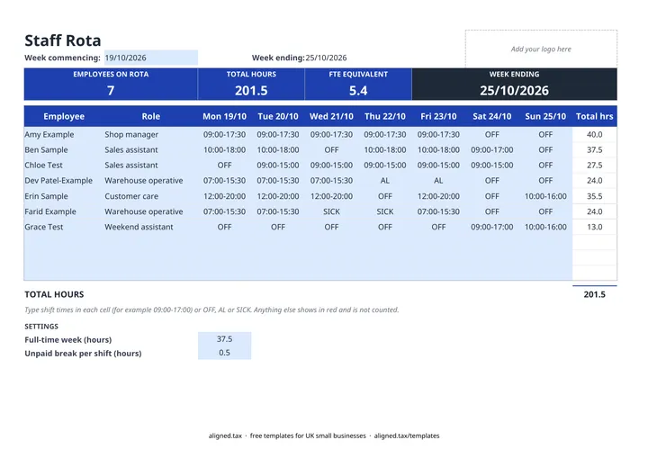 Preview of the Staff rota template: weekly shift planner spreadsheet