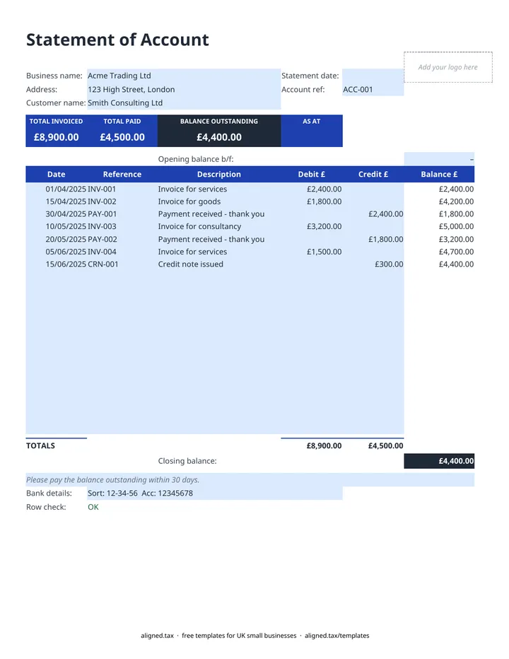 Preview of the Statement of account template for UK customers spreadsheet