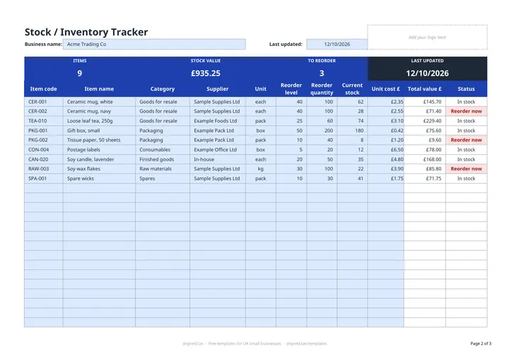Preview of the Stock take and inventory template for Excel spreadsheet