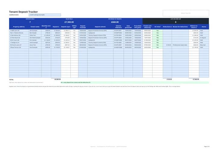 Preview of the Tenant deposit tracker for landlords in England spreadsheet