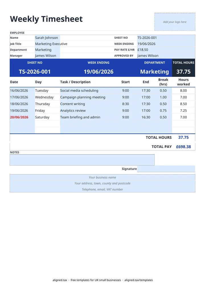 Preview of the Weekly timesheet template UK spreadsheet